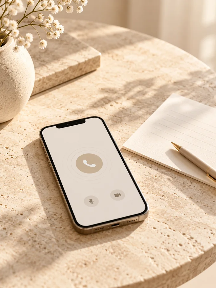 Teléfono móvil con una llamada en pantalla sobre una mesa de piedra