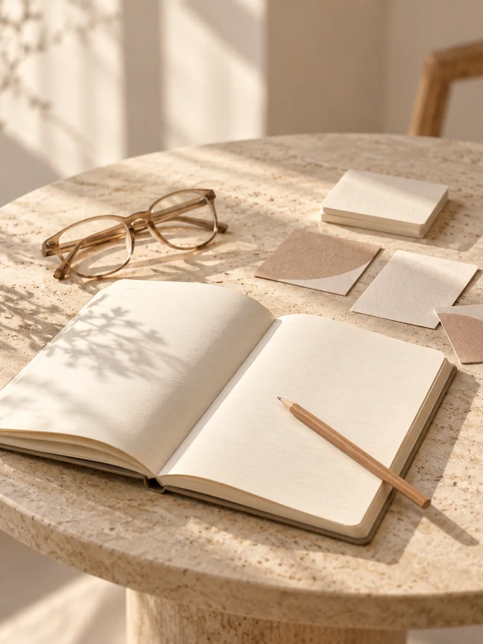 Cuaderno abierto con un lápiz y unas gafas sobre una mesa