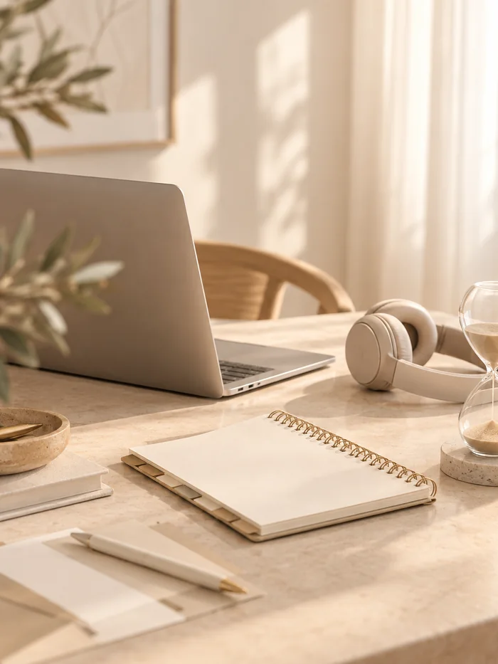 Escritorio con portátil, cuaderno y auriculares para una sesión online