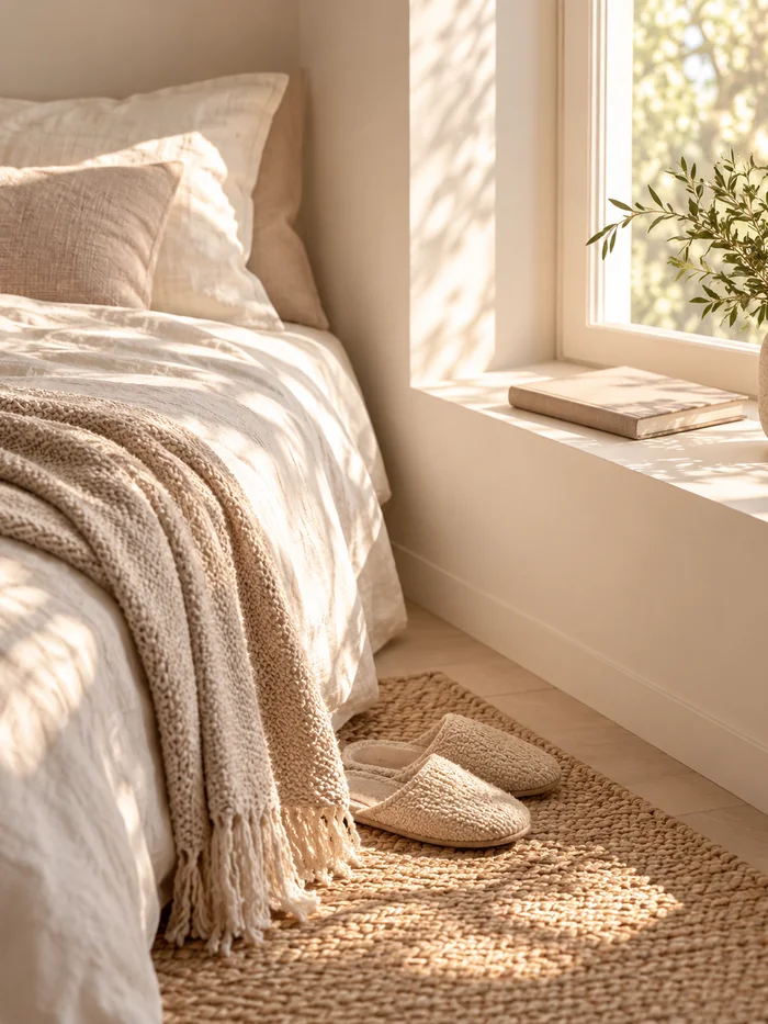 Dormitorio sereno con luz de mañana y unas zapatillas sobre una alfombra